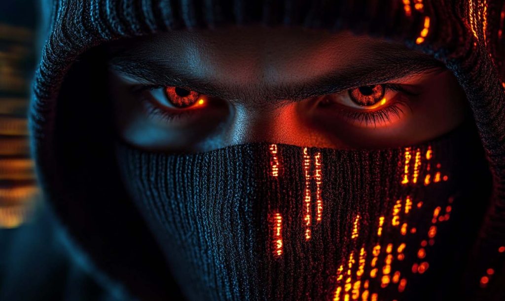 hacker_silhouette Close-up of a masked hacker with intense glowing orange eyes, illuminated by red digital code reflections, symbolising cyber threats and advanced hacking techniques.