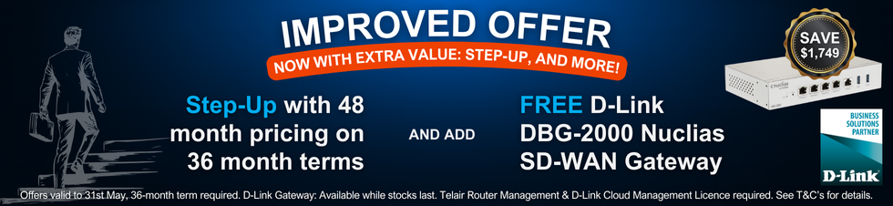 Telair - TBI Step Up - May 2025 Promotional banner for Telair's improved Telstra Fibre offer, featuring 'Step-Up' with 48-month pricing on a 36-month term and a free D-Link DBG-2000 Nuclias SD-WAN Gateway valued at $1,749. The offer includes cloud-managed router benefits and is valid until 31st May. Terms and conditions apply.