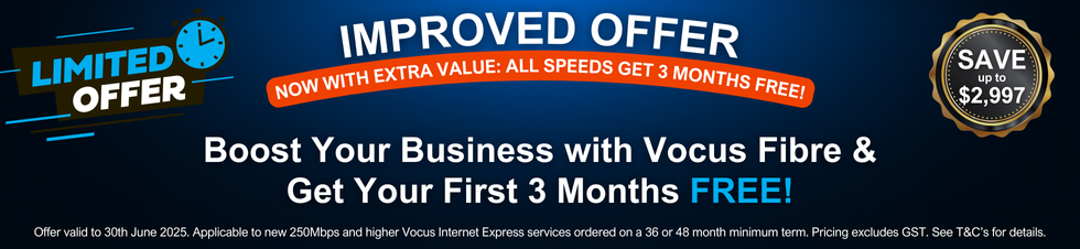 Telair - Vocus 3 Months Free - May 2025 Promotional banner for Telair's Vocus Fibre offer stating "Boost Your Business with Vocus Fibre & Get Your First 3 Months Free!" with a limited time badge, improved offer message, and a savings badge highlighting "Save up to $2,997". Offer valid until 30 June 2025 for new 250Mbps and higher plans on 36- or 48-month terms.